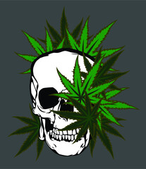 Sinister skull  on a background of hemp leaves