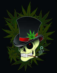 Sinister skull in a hat on a background of hemp leaves