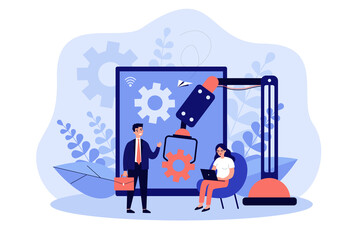 Positive tiny people working with artificial intelligence isolated flat vector illustration. Cartoon characters using computer for work. Digital era and workforce employment social crisis concept