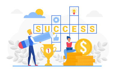 Success crossword vector illustration. Cartoon business people team working next to crossword puzzle with success word, sitting on pile of gold coins with laptop, making money isolated on white