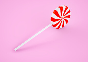 Red and white striped lolipop on pink background. Sweet candy concept. 3D rendering and 3D illustration.