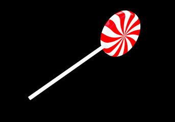 Red and white striped lolipop isolated on black background. 3D rendering and 3D illustration.