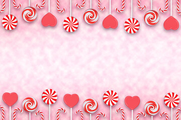 Red and white lollipops on a stick and christmas candy on a pink background. 3D rendering and 3D illustration.