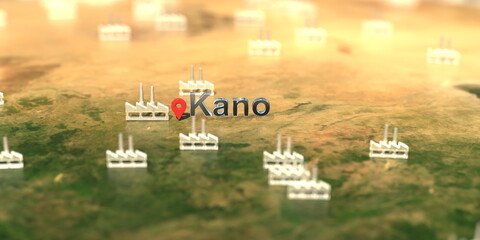 Kano city and factory icons on the map, industrial production related 3D rendering