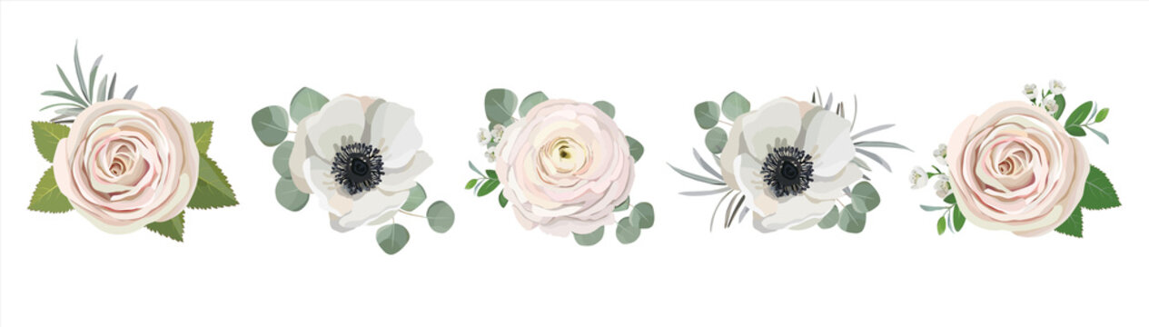 anemone ranunculus eucalyptus rose peony flowers and eucalyptus branches bouquet vector illustration, hand drawn floral elements set for greeting cards, wedding invitations.