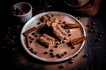 Chocolate - Mesa de doces com barras de chocolate, pedaços de canela, deliciosa cobertura de leite doce com bolas de chocolate.