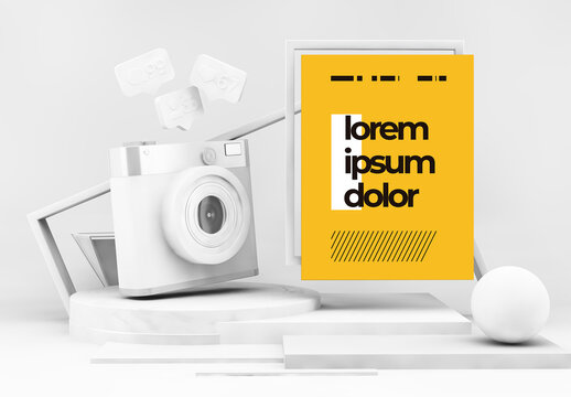 White Podium with Social Media Camera and Poster Mockup