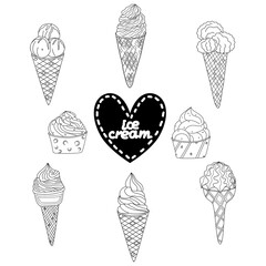 Food background. Sketch of sweets. Different types of ice cream.