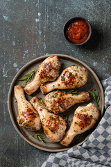 Grilled chicken legs with tomato sauce on  ceramic plate