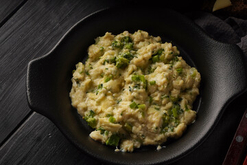 Scrambled eggs with broccoli and green onion served in dark plate with bread on table