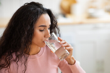 Healthy Liquid. Beautiful Brunette Woman Drinking Mineral Water From Glass In Kitchen