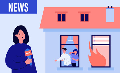 Newscaster reporting about building fire. People in danger, flame in window, reporter. Flat vector illustration. Broadcasting, accident concept for banner, website design or landing web page