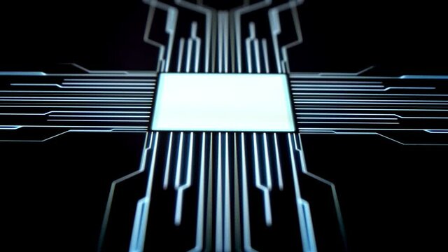 Human finger is pressing a digital button on a touchscreen. Futuristic microprocessor is starting the operation of the computer program. Machine learning and artificial intelligence concept.