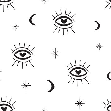 Magic seeing eye vector seamless pattern Boho isoteric magical eyesight moon star background Doodle simple drawing black and white design