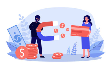Fraud stealing money from credit card. Magnet, cash, hacker, tiny characters. Flat vector illustration. Crime, banking, security problem concept for banner, website design or landing web page