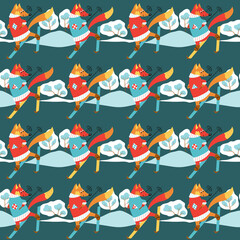 Seamless pattern with foxes in red and blue sweaters on skis. Animalistic vector background. Blue, red and orange tones