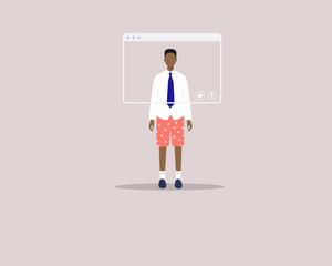 Work from home concept. Video call, virtual window frame. Black young male character wearing suit with pajamas and slippers at home, having a online meeting. Vector illustration in flat cartoon style