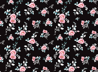 seamless pattern with beautiful peony flowers and leaves on black background. Fashion design. Vector illustration.