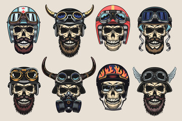 Colored biker skulls in helmets set. Motorcyclist hats with horns and googles, vintage rock symbols. Vector illustration collection for tattoo templates, bikers club emblems