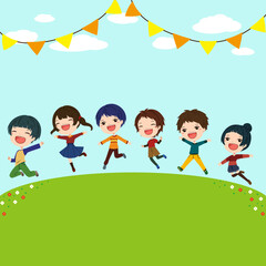 青い空の草原でジャンプする6人の子供たちのイラスト