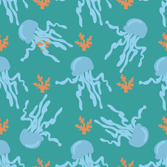 Seamless pattern sea jellyfish and coral on a blue background