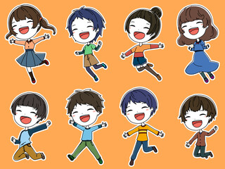 ジャンプしている笑顔の女の子と男の子のイラストセット