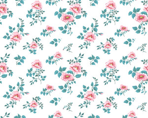 seamless pattern with beautiful peony flowers and leaves on white background. Vector illustration.