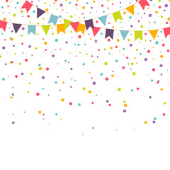 Party background with colorful garlands and confetti, vector illustration