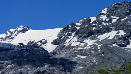 Mountain landscape along the road to Stelvio pass at summer. Glacier