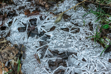 Abstract winter background, cracked ice on frozen puddle. Ice fragments on frozen water. The ice broken pieces.Ice on a frozen water puddle in winter morning.Seasonal weather scene.Low temperature.