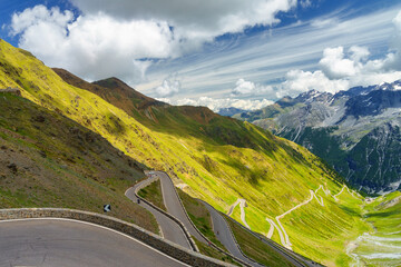 Mountain landscape along the road to Stelvio pass at summer