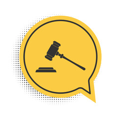 Black Judge gavel icon isolated on white background. Gavel for adjudication of sentences and bills, court, justice, with a stand. Auction hammer. Yellow speech bubble symbol. Vector.