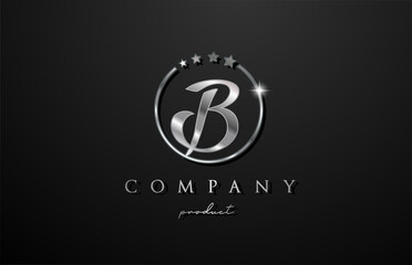 B silver metal alphabet letter logo for company and corporate in grey color. Metallic star design with circle. Can be used for a luxury brand