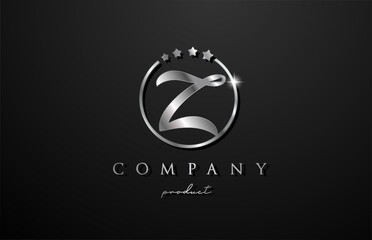 Z silver metal alphabet letter logo for company and corporate in grey color. Metallic star design with circle. Can be used for a luxury brand