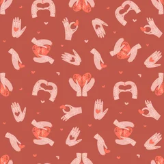 Fotobehang Hands and hearts seamless vector pattern Woman palm with floral tattoo make hearty gesture background Romantic Boho Ornate Folk ornament for Valentines Day design © AngellozOlga