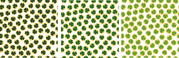 A set of seamless (repeating) patterns in the form of a shamrock coin. Good luck talisman. One of the main symbols of the holiday is St. Patrick's Day