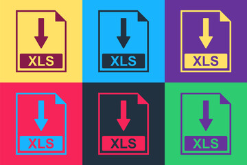 Pop art XLS file document icon. Download XLS button icon isolated on color background. Vector.