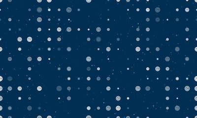 Seamless background pattern of evenly spaced white clock symbols of different sizes and opacity. Vector illustration on dark blue background with stars