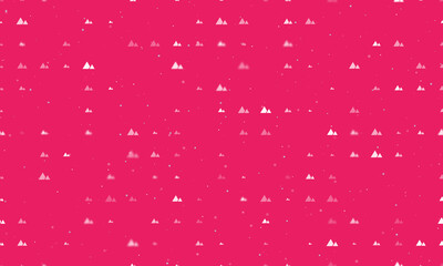 Seamless background pattern of evenly spaced white mountains symbols of different sizes and opacity. Vector illustration on pink background with stars