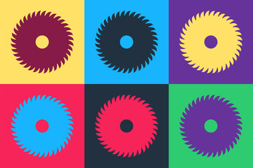 Pop art Circular saw blade icon isolated on color background. Saw wheel. Vector.