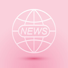 Paper cut World and global news concept icon isolated on pink background. World globe symbol. News sign icon. Journalism theme, live news. Paper art style. Vector.