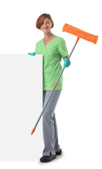 Cleaner woman with mop and banner