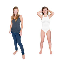 Two full length portraits of a beautiful young woman wearing casual clothes and a white swimsuit, isolated on white studio background