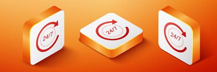 Isometric Open 24 hours a day and 7 days a week icon isolated on orange background. All day cyclic icon. Orange square button. Vector.