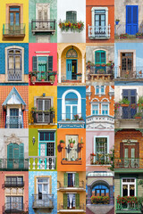 Collage of balconies from around the world, colorful architectural background