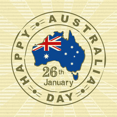 Hand-drawn vintage stamp with Lettering and map for Australia Day. Logo by January 26th in national colors. Vector illustration for poster design in doodle style.