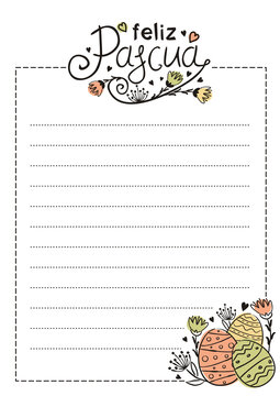 Spanish Happy Easter empty form. White sheet with easter decoration and lines for text. Template for the design of posters, cards and letters. Vector illustration for Spain. Translation: Happy Easter