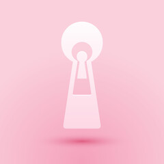 Paper cut Keyhole icon isolated on pink background. Key of success solution. Keyhole express the concept of riddle, secret, peeping, safety, security. Paper art style. Vector.