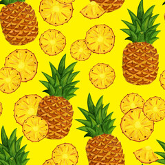 Juicy pineapple seamless pattern on bright yellow background. Watercolor tropical fruit illustration for fabric, textile, background, cover. Great print design for your t-shirt