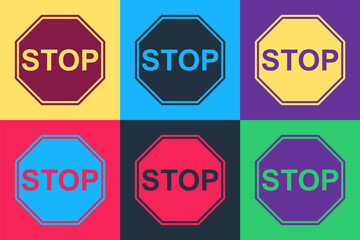 Pop art Stop sign icon isolated on color background. Traffic regulatory warning stop symbol. Vector.